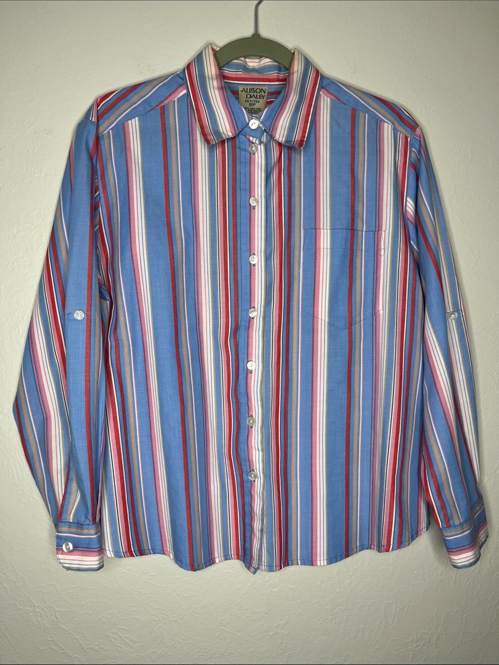Vintage Allison Daley Blue & Pink Striped Button Up - 16 Petite Preppy